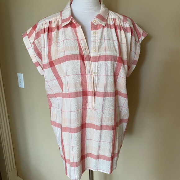 Loft - Plaid Dolman Henley Top, Red/Pink/White, size LARGE, NWOT, never worn - Picture 5 of 8